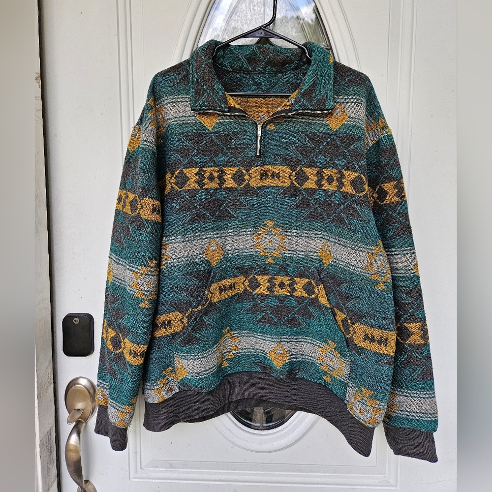 Men's Geometric Aztec Pattern Sweater - Teal and Yellow - Picture 2 of 10